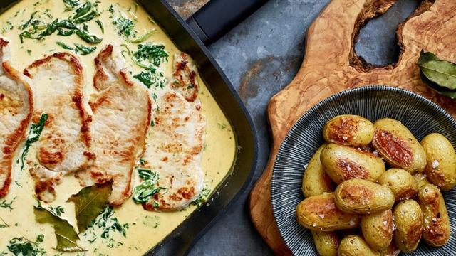 Possunpihvit sinappikastikkeessa, pinaattia ja paahtoperunoita