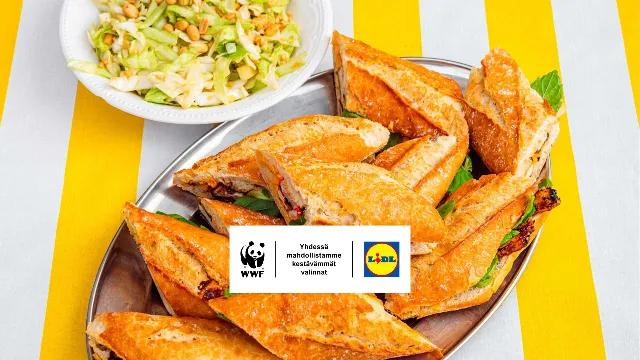 Vietnamilaiset tofu bahn mi -patongit ja kaali-maapähkinäsalaatti